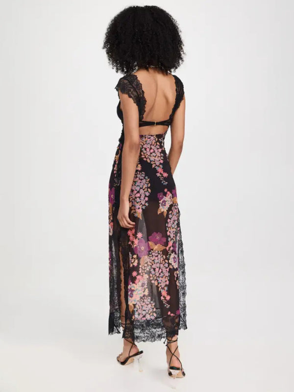 Blue Zone Planet |  Gentle Lace Straps Spliced Slit Long Dress BLUE ZONE PLANET