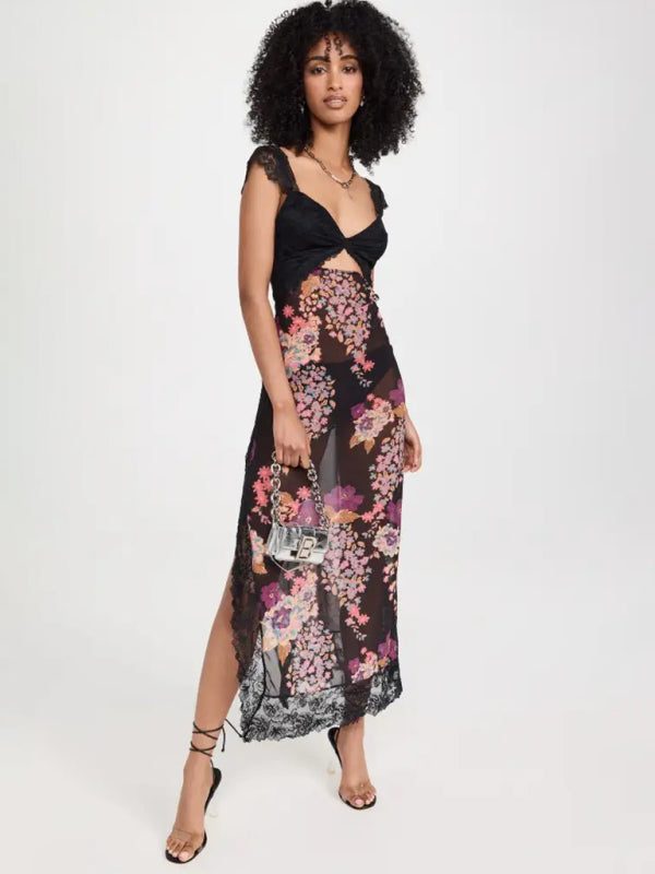Blue Zone Planet |  Gentle Lace Straps Spliced Slit Long Dress BLUE ZONE PLANET