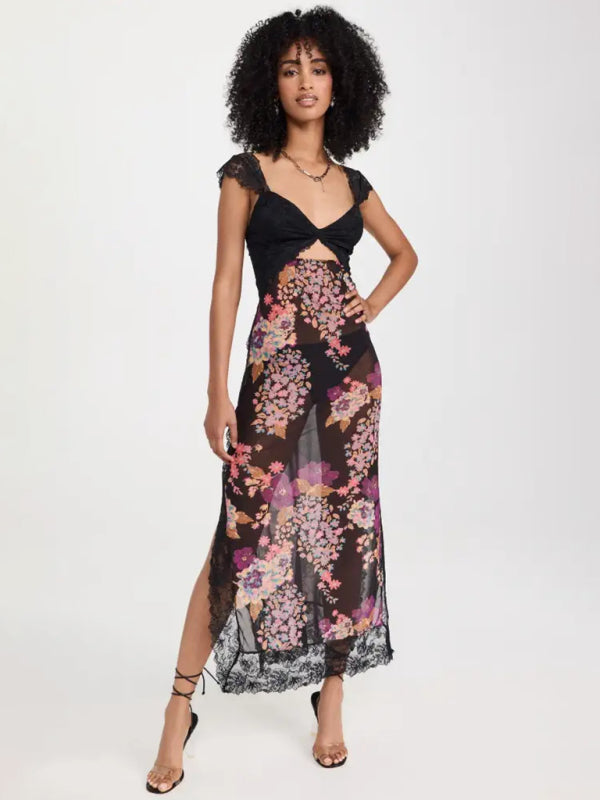 Blue Zone Planet |  Gentle Lace Straps Spliced Slit Long Dress BLUE ZONE PLANET