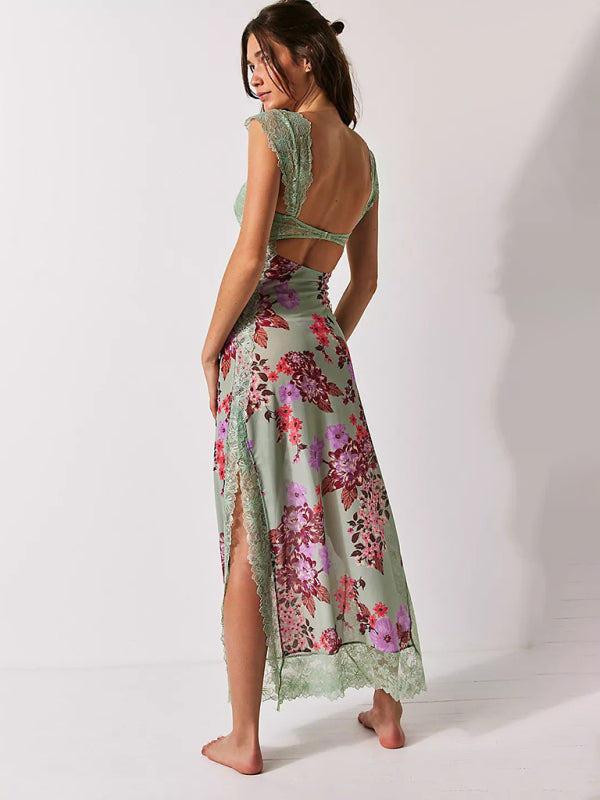 Blue Zone Planet |  Gentle Lace Straps Spliced Slit Long Dress BLUE ZONE PLANET
