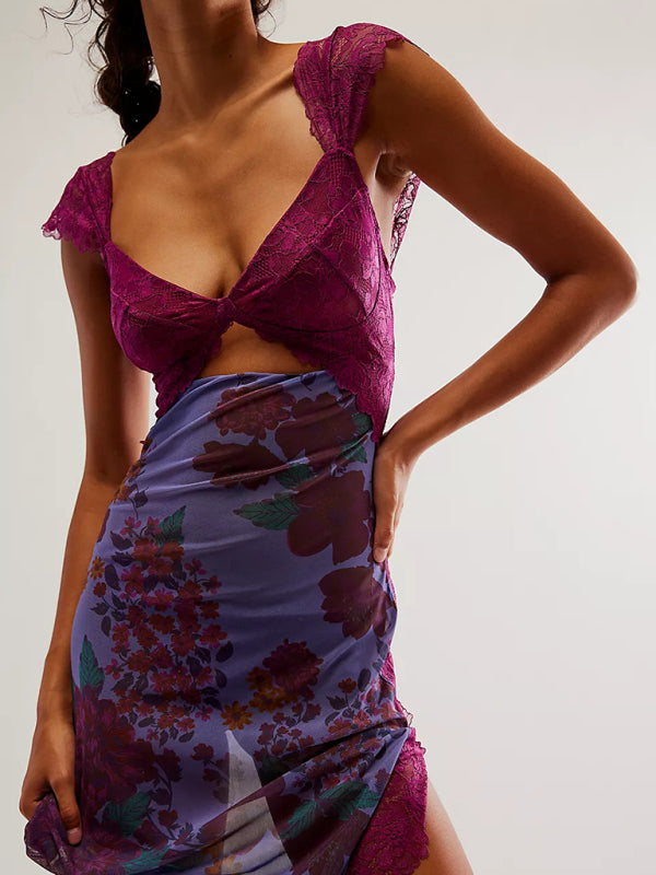 Blue Zone Planet |  Gentle Lace Straps Spliced Slit Long Dress BLUE ZONE PLANET