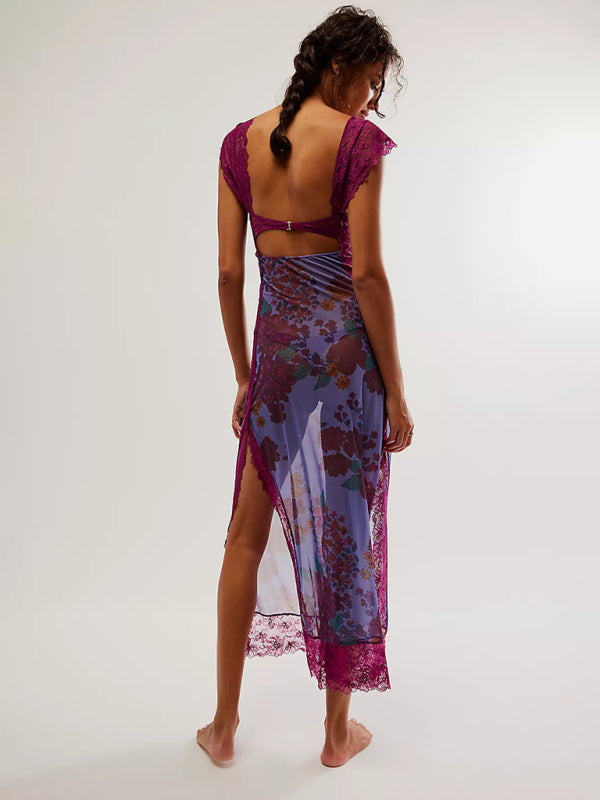 Blue Zone Planet |  Gentle Lace Straps Spliced Slit Long Dress BLUE ZONE PLANET