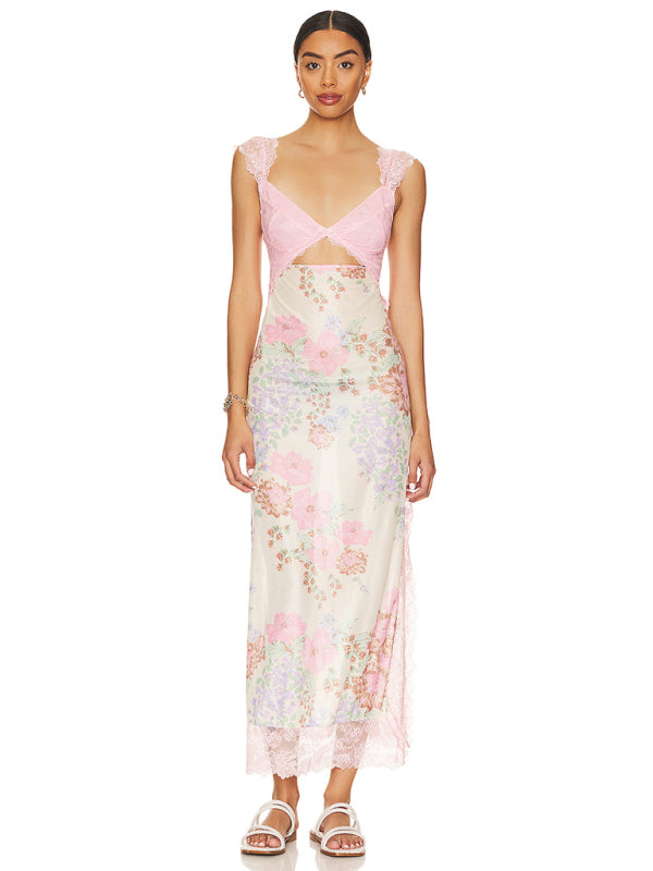 Blue Zone Planet |  Gentle Lace Straps Spliced Slit Long Dress BLUE ZONE PLANET