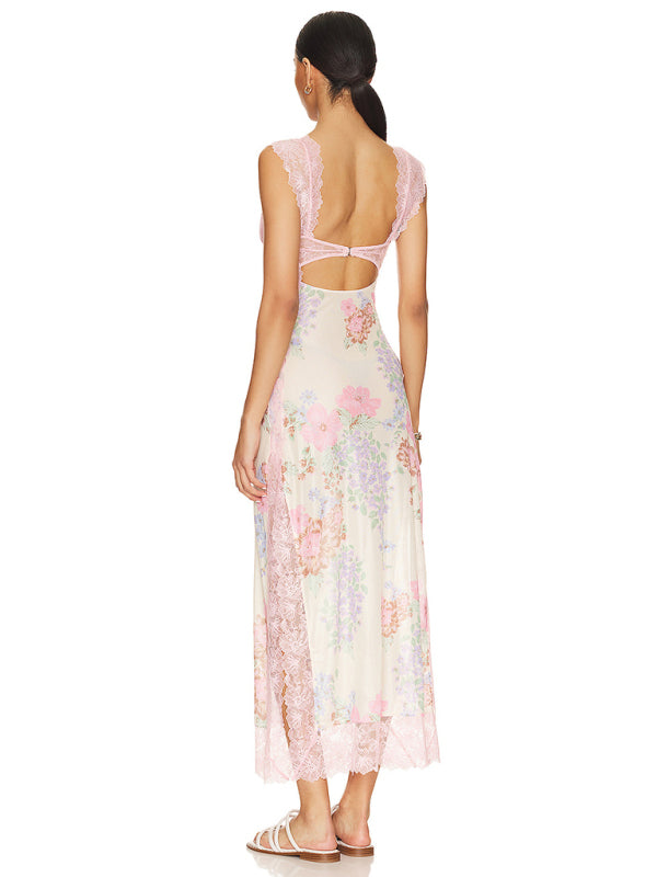 Blue Zone Planet |  Gentle Lace Straps Spliced Slit Long Dress BLUE ZONE PLANET