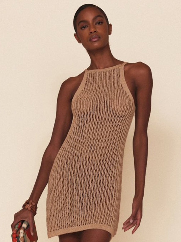 Sexy hollow knitted beach dress with suspenders BLUE ZONE PLANET
