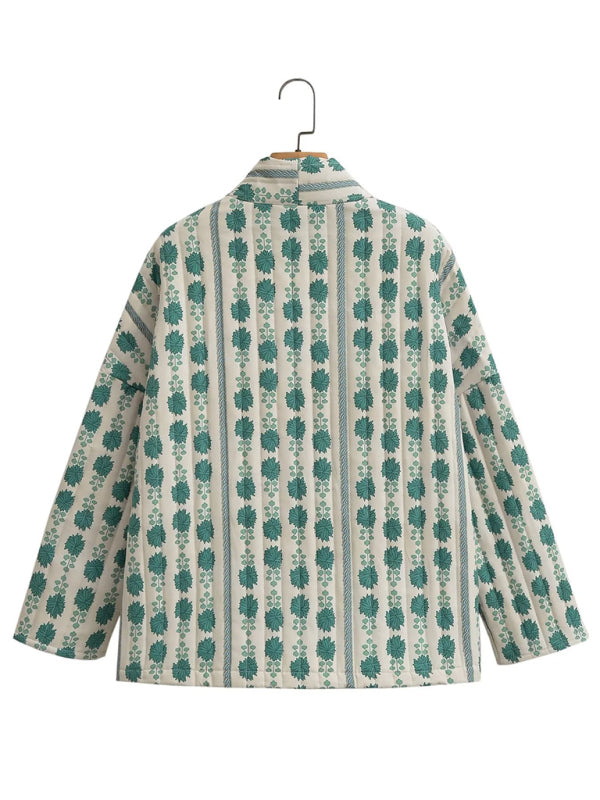 Botanical Print Quilted Jacket with Pockets kakaclo