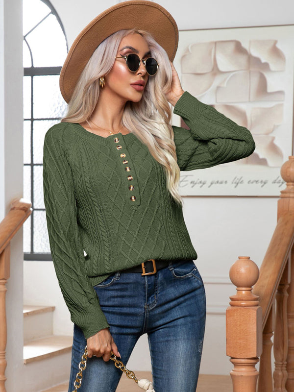 Blue Zone Planet | Button Twist Long Sleeve Pullover Sweater kakaclo