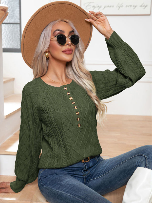 Blue Zone Planet | Button Twist Long Sleeve Pullover Sweater kakaclo