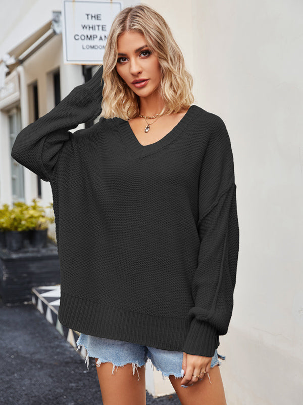 Blue Zone Planet | V-neck loose pullover sweater kakaclo