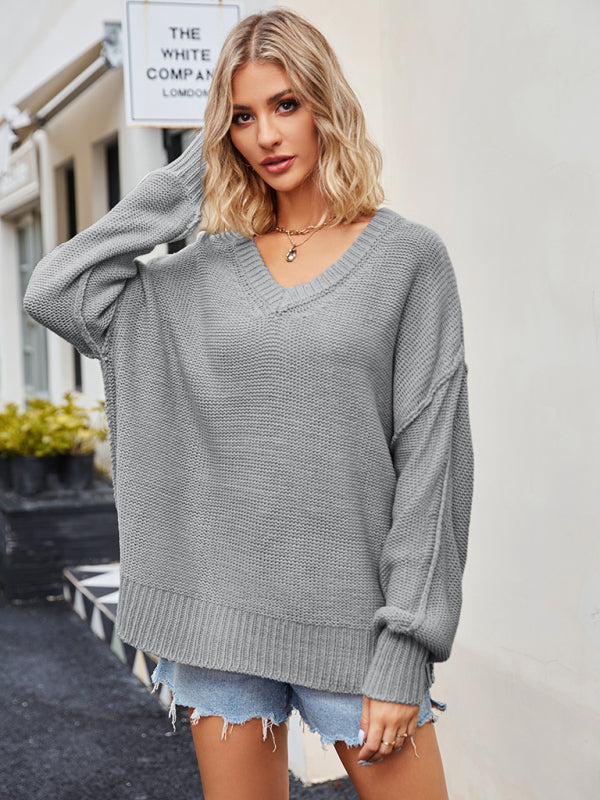 Blue Zone Planet | V-neck loose pullover sweater kakaclo