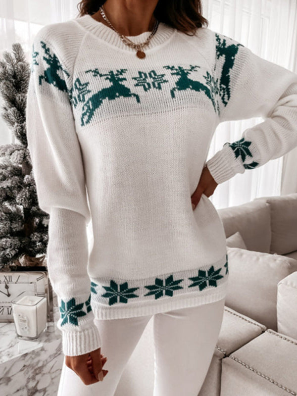 Christmas casual elk partial jacquard women's knitted long-sleeved top BLUE ZONE PLANET