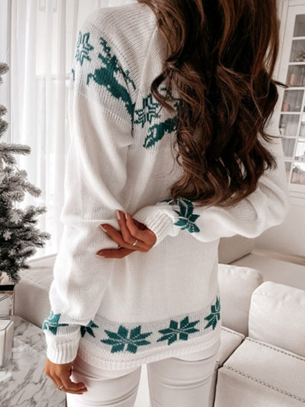 Christmas casual elk partial jacquard women's knitted long-sleeved top BLUE ZONE PLANET