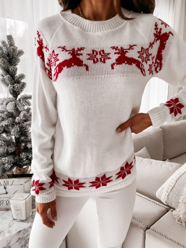 Christmas casual elk partial jacquard women's knitted long-sleeved top BLUE ZONE PLANET