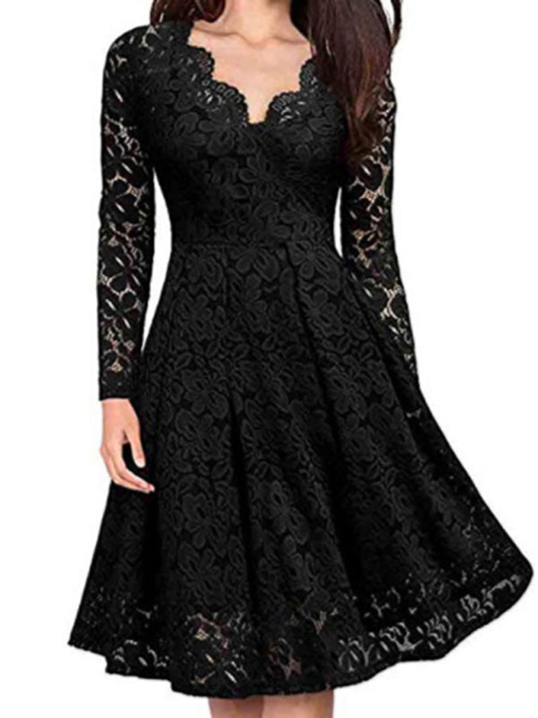 Christmas women's autumn and winter skirt lace long-sleeved temperament dress BLUE ZONE PLANET