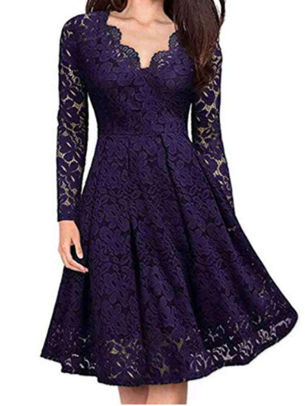 Christmas women's autumn and winter skirt lace long-sleeved temperament dress BLUE ZONE PLANET