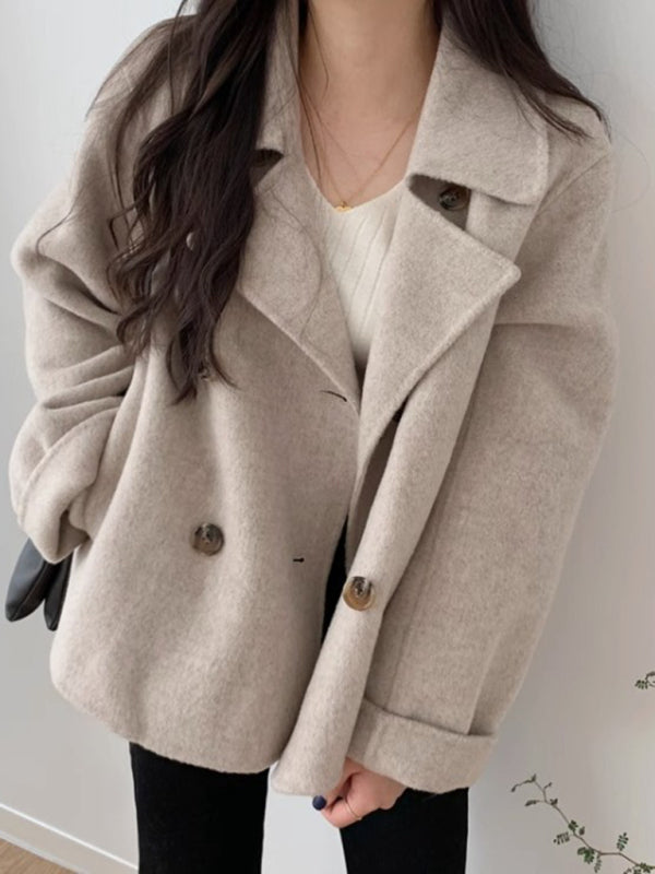 Autumn and winter French double-breasted loose, and versatile long-sleeved warm woolen jacket kakaclo