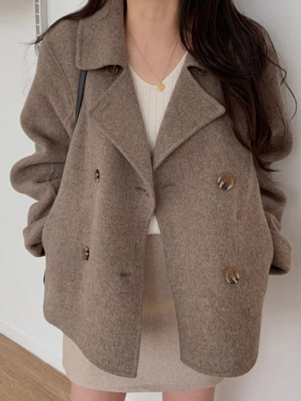Autumn and winter French double-breasted loose, and versatile long-sleeved warm woolen jacket kakaclo