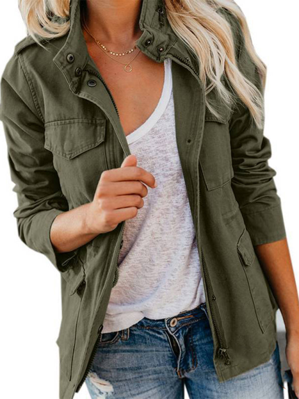 Slim fashion trendy solid color loose zippered multi-pocket jacket coat kakaclo