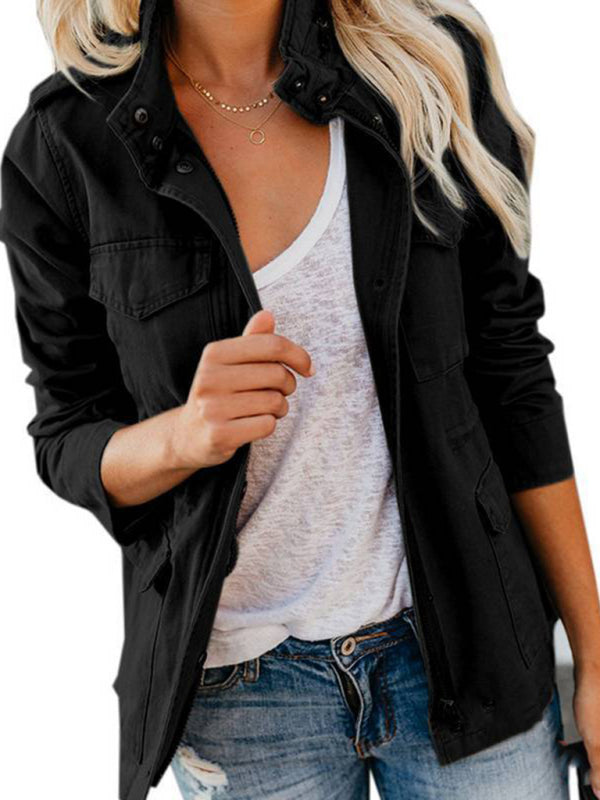 Slim fashion trendy solid color loose zippered multi-pocket jacket coat kakaclo