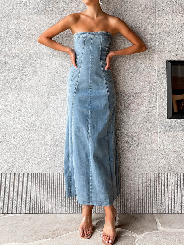 Zone Planet Denim Tube Top Midi Dress with Slit Along Side Blue S by Blue Zone Planet