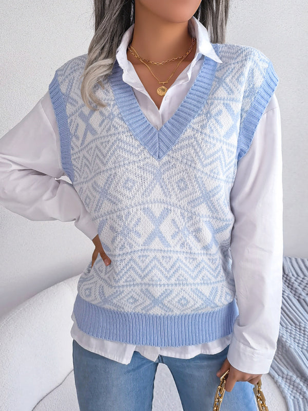 Women's new Christmas snowflake pattern V-neck knitted vest sweater BLUE ZONE PLANET