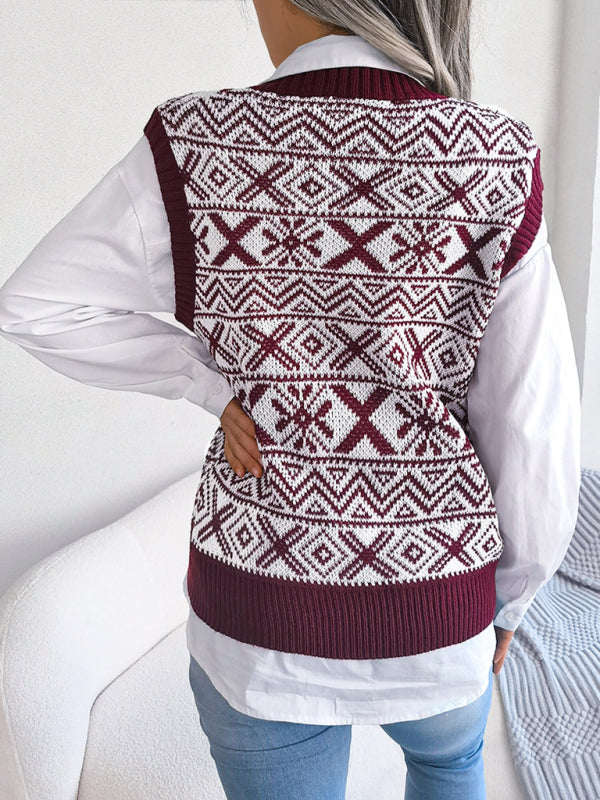 Women's new Christmas snowflake pattern V-neck knitted vest sweater BLUE ZONE PLANET