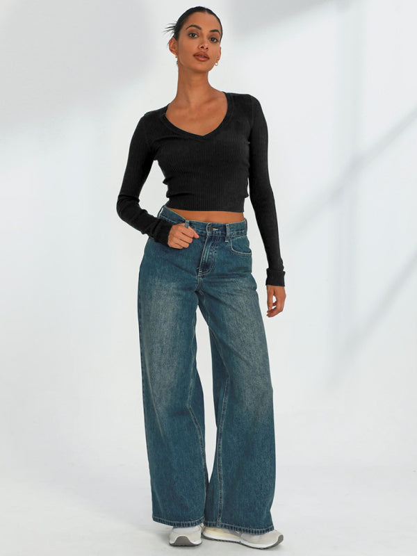 Blue Zone Planet |  Elegant long-sleeved v-neck knitted top kakaclo