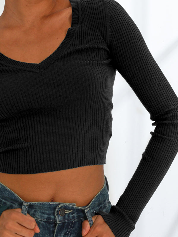 Blue Zone Planet |  Elegant long-sleeved v-neck knitted top kakaclo
