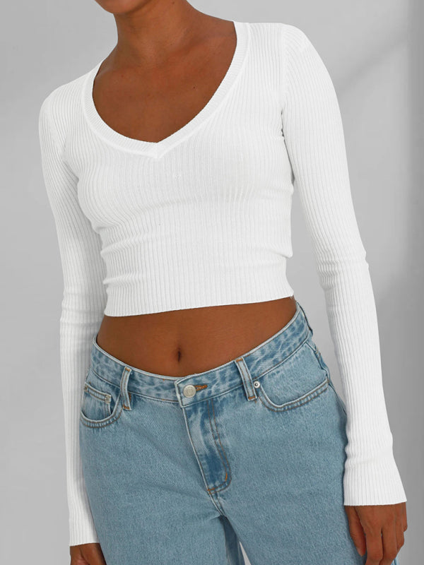 Blue Zone Planet |  Elegant long-sleeved v-neck knitted top kakaclo