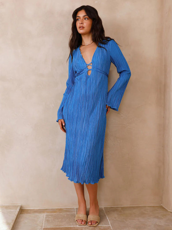 Isabella's Lace-Up Pleated Bell Sleeve Dress BLUE ZONE PLANET