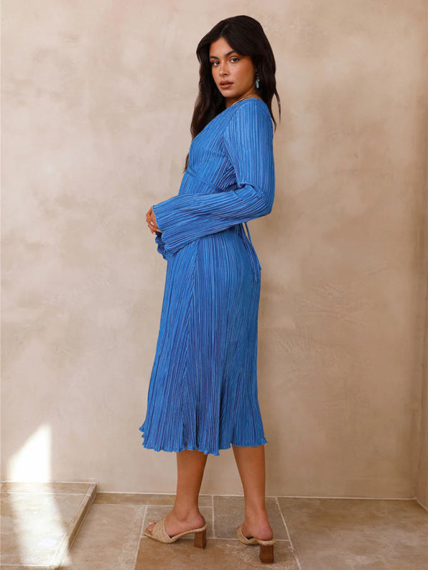 Isabella's Lace-Up Pleated Bell Sleeve Dress BLUE ZONE PLANET