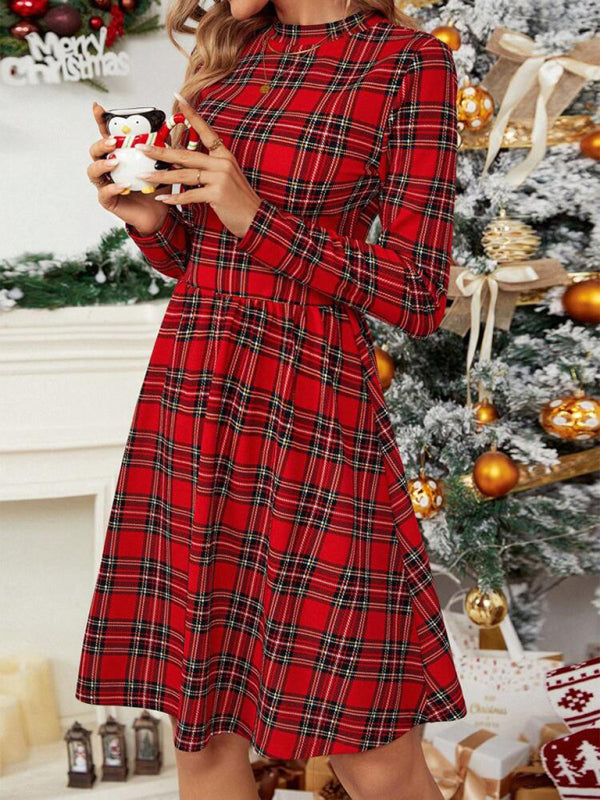 Checkered printed turtleneck long-sleeved dress Christmas new style BLUE ZONE PLANET