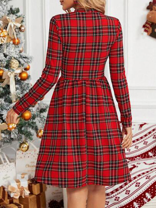 Checkered printed turtleneck long-sleeved dress Christmas new style BLUE ZONE PLANET