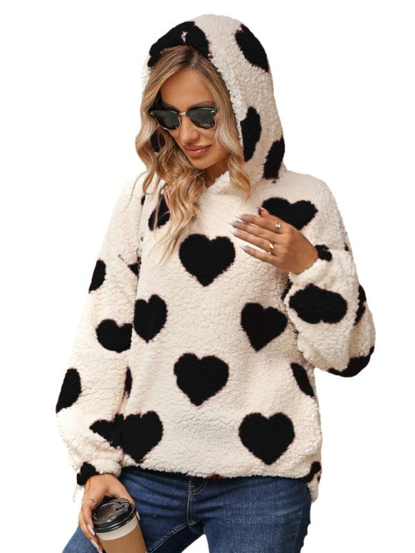 Women's Christmas Valentine's Day Loose Plush Hooded Love Print Pullover Sweatshirt BLUE ZONE PLANET