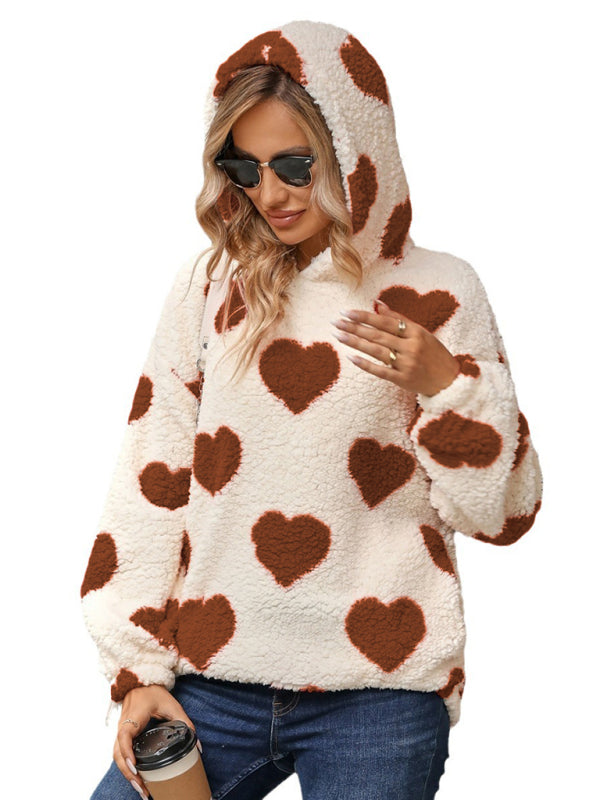 Women's Christmas Valentine's Day Loose Plush Hooded Love Print Pullover Sweatshirt BLUE ZONE PLANET