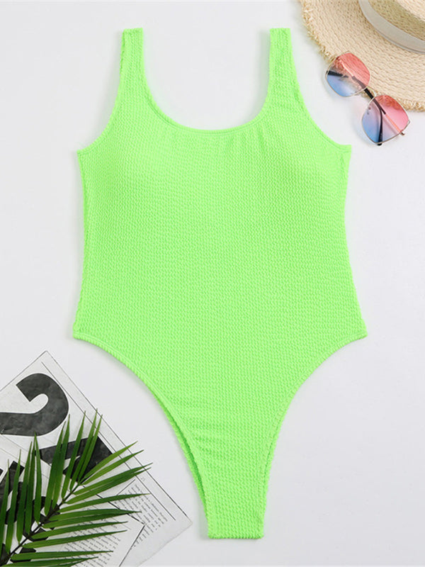 Candy Color Fluorescent Pleated Fabric One-Piece Swimsuit BLUE ZONE PLANET