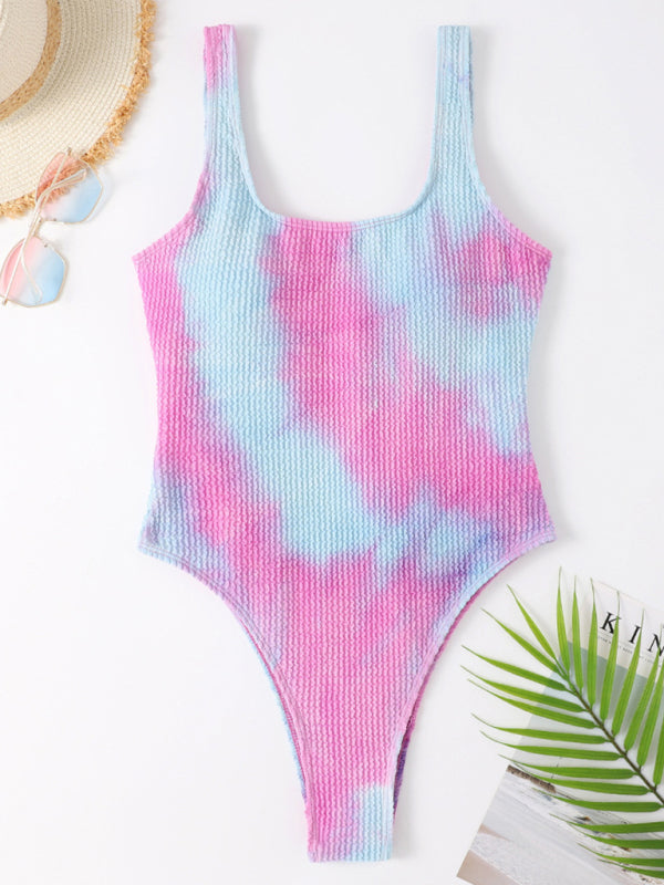 Candy Color Fluorescent Pleated Fabric One-Piece Swimsuit BLUE ZONE PLANET