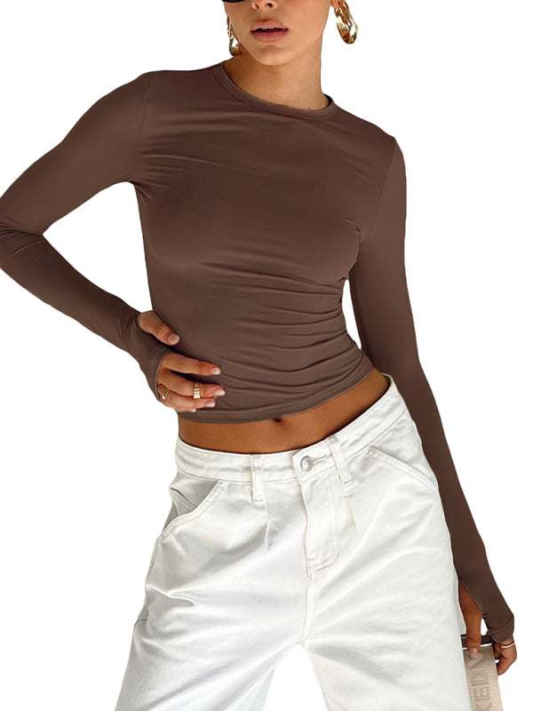 Women's solid color bottoming round neck T-shirt hot girl slimming long-sleeved top T-shirt kakaclo