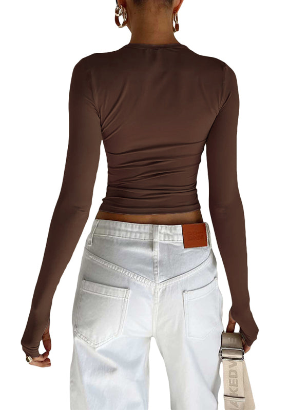Women's solid color bottoming round neck T-shirt hot girl slimming long-sleeved top T-shirt kakaclo