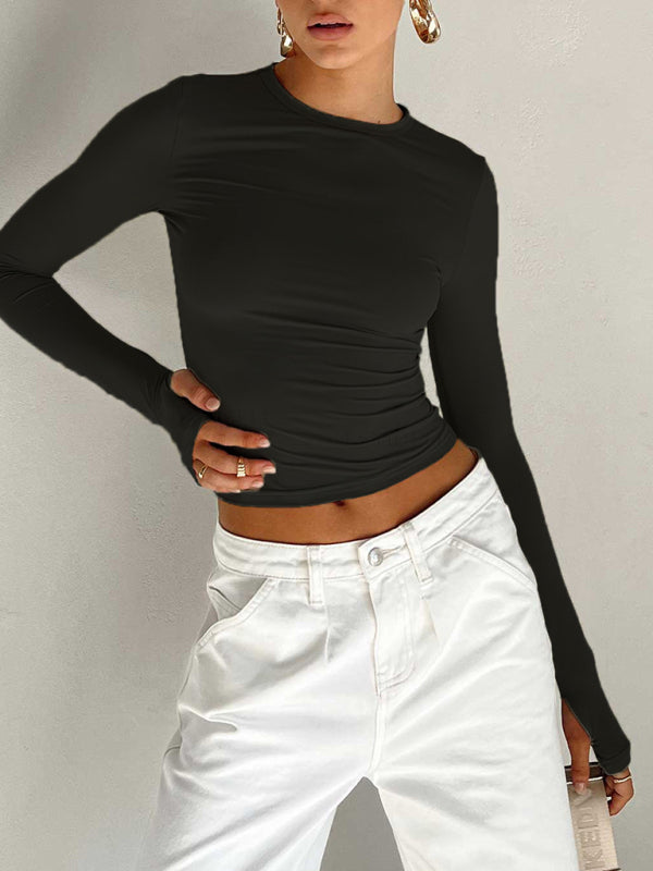 Women's solid color bottoming round neck T-shirt hot girl slimming long-sleeved top T-shirt kakaclo