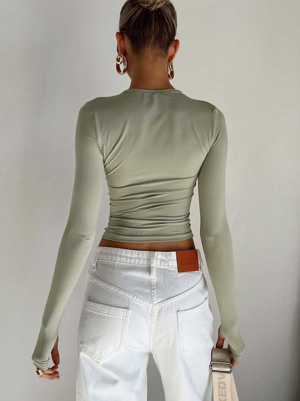 Women's solid color bottoming round neck T-shirt hot girl slimming long-sleeved top T-shirt kakaclo