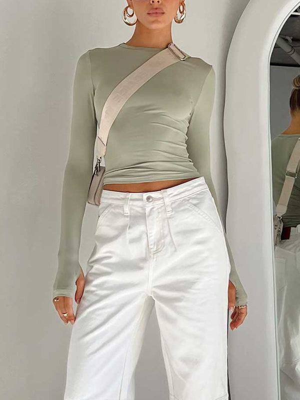 Women's solid color bottoming round neck T-shirt hot girl slimming long-sleeved top T-shirt kakaclo