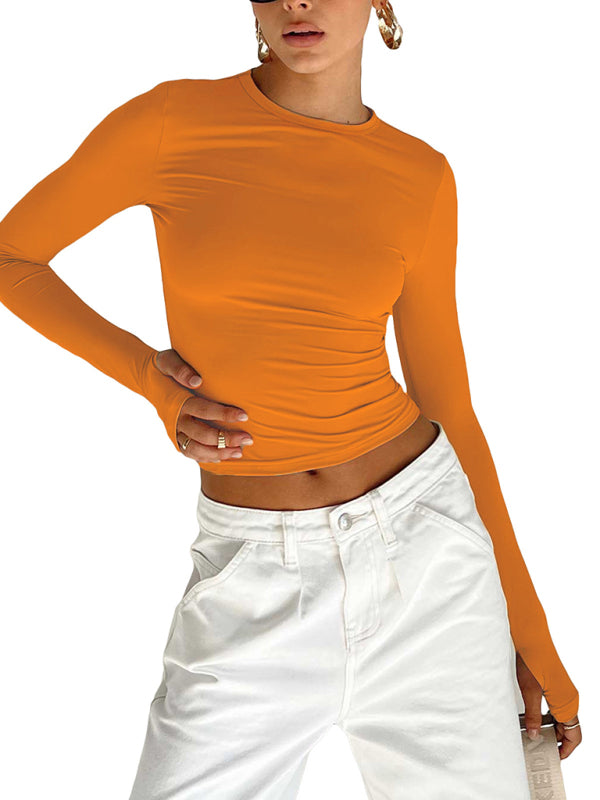 Women's solid color bottoming round neck T-shirt hot girl slimming long-sleeved top T-shirt kakaclo