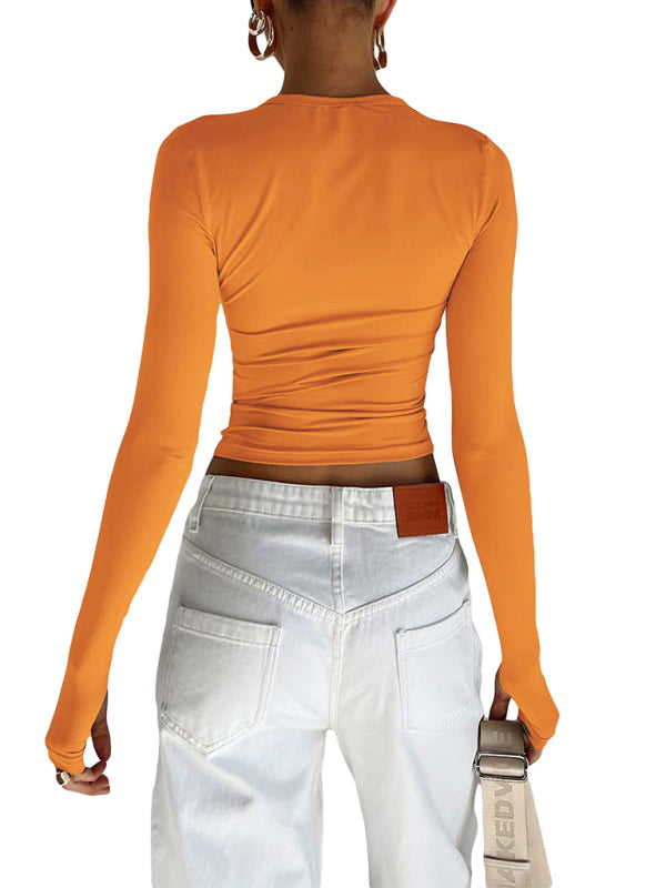 Women's solid color bottoming round neck T-shirt hot girl slimming long-sleeved top T-shirt kakaclo