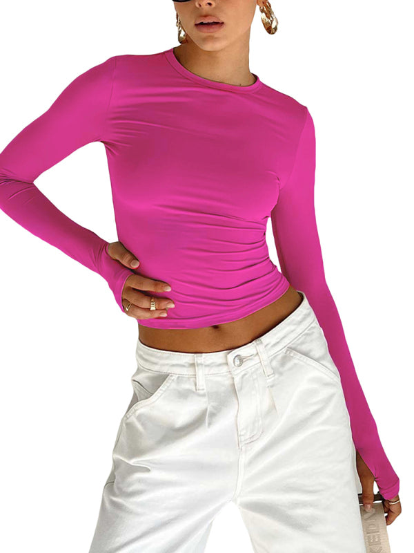 Women's solid color bottoming round neck T-shirt hot girl slimming long-sleeved top T-shirt kakaclo