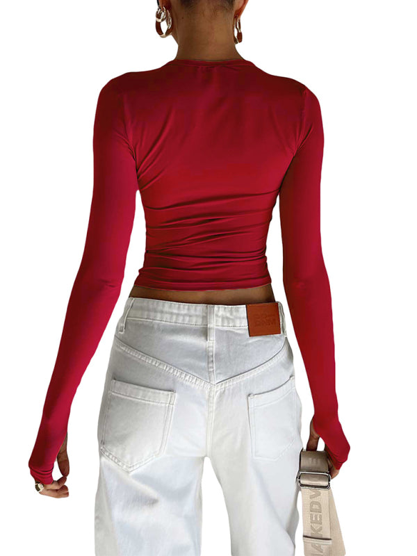 Women's solid color bottoming round neck T-shirt hot girl slimming long-sleeved top T-shirt kakaclo