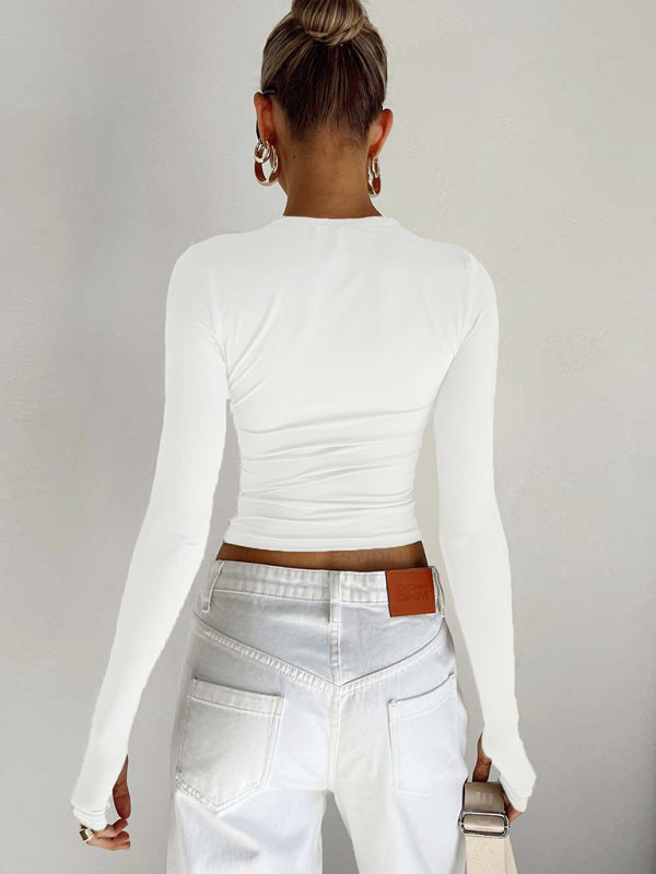 Women's solid color bottoming round neck T-shirt hot girl slimming long-sleeved top T-shirt kakaclo