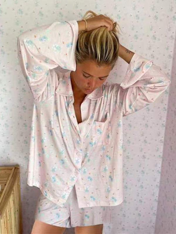 Blue Zone Planet |  long-sleeved printed pajamas with slits, loose long-sleeved shorts, home wear set BLUE ZONE PLANET