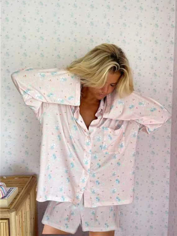 Blue Zone Planet |  long-sleeved printed pajamas with slits, loose long-sleeved shorts, home wear set BLUE ZONE PLANET