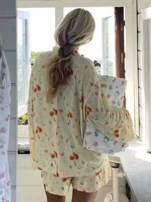 Blue Zone Planet |  long-sleeved printed pajamas with slits, loose long-sleeved shorts, home wear set BLUE ZONE PLANET